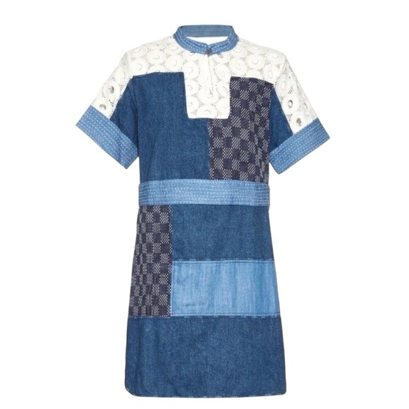 Sea New York Patchwork Cotton Denim And Lace Oversized Mock Neck Mini Dress sz 4 - Picture 1 of 11